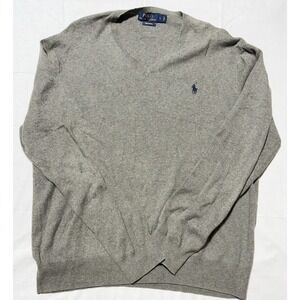Polo Ralph Lauren Mens Sweater Large Gray 100% Pima Cotton V-Neck Pony‎ Logo